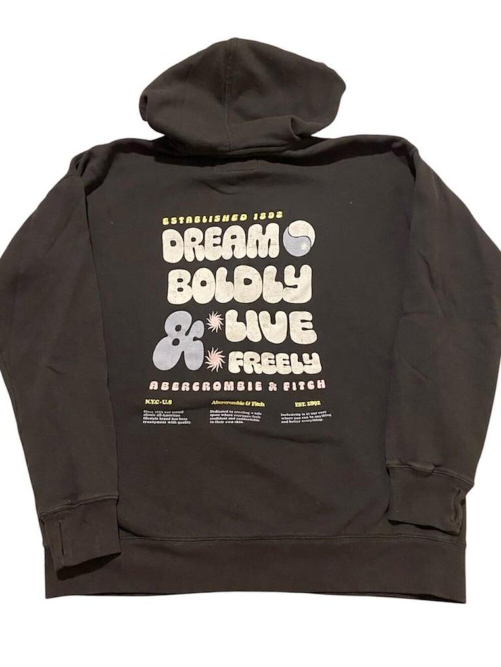 Faded black Abercrombie & Fitch hoodie with bold graphic print